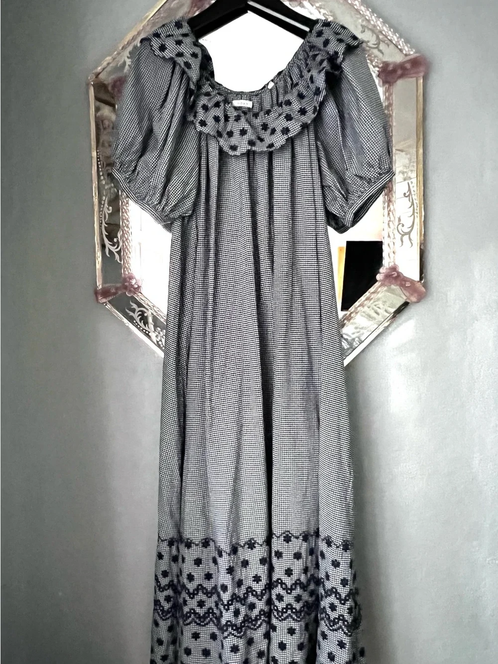 Doen Navy and White Checked Maxi dress with Puff Sleeves and Embroidered Hem.